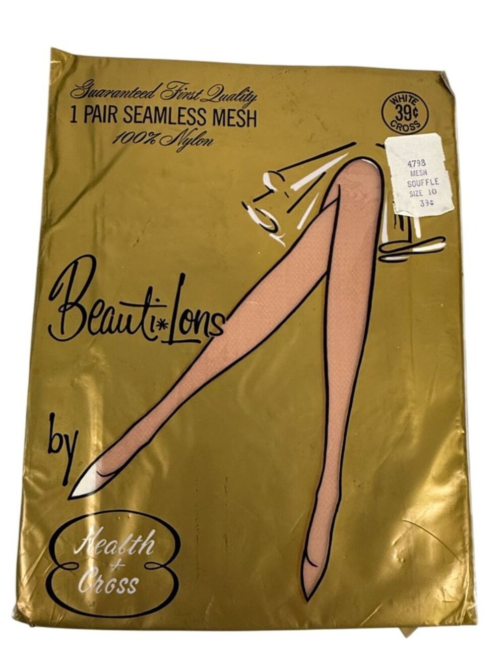 Vintage Beauti-Lons Health Cross Seamless Mesh Nylon Stockings Size 10 Souffle